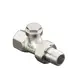 Oventrop Rücklaufverschraubung aus vernickeltem Rotguss mit zwei Anschlüssen, einem mit Gewinde. Kompakte Form für hydraulische Anwendungen in Heizsystemen.